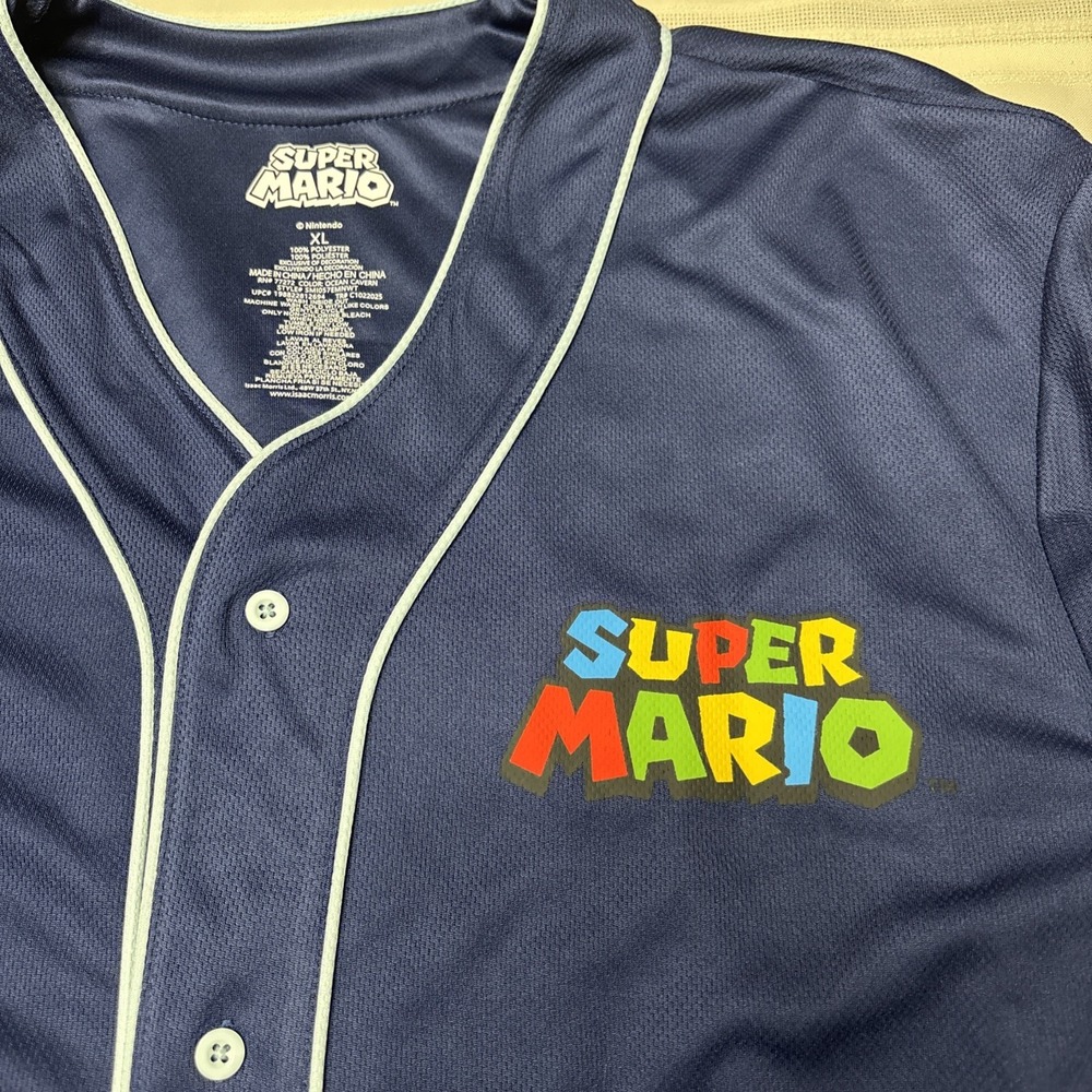 Super Mario Bros Men's XL Baseball‎ Button Up Jersey Navy Blue NEW Luigi Bowser